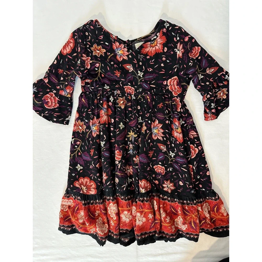 Old Navy Toddler Girls Black Red Floral Boho Ruffle Hem Rayon Dress 2T